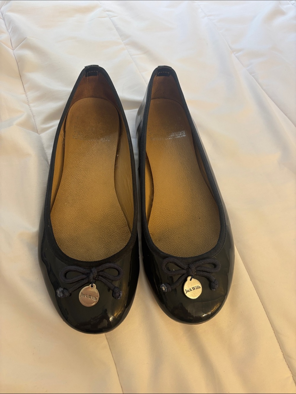Jack Wills Navy Patent Ballet Flats with Bow Charm